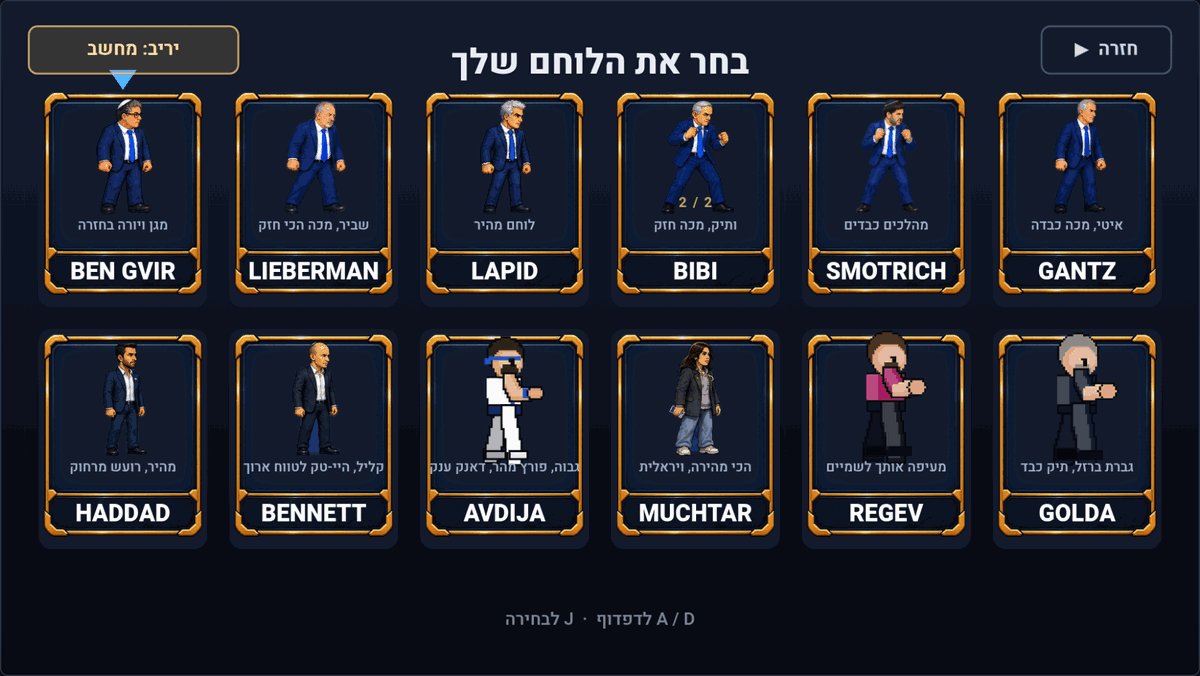מסך בחירת הדמות במשחק הדרך לכנסת, עם שתים־עשרה דמויות בשתי שורות, ארבע מהן נעולות עם סמל מנעול